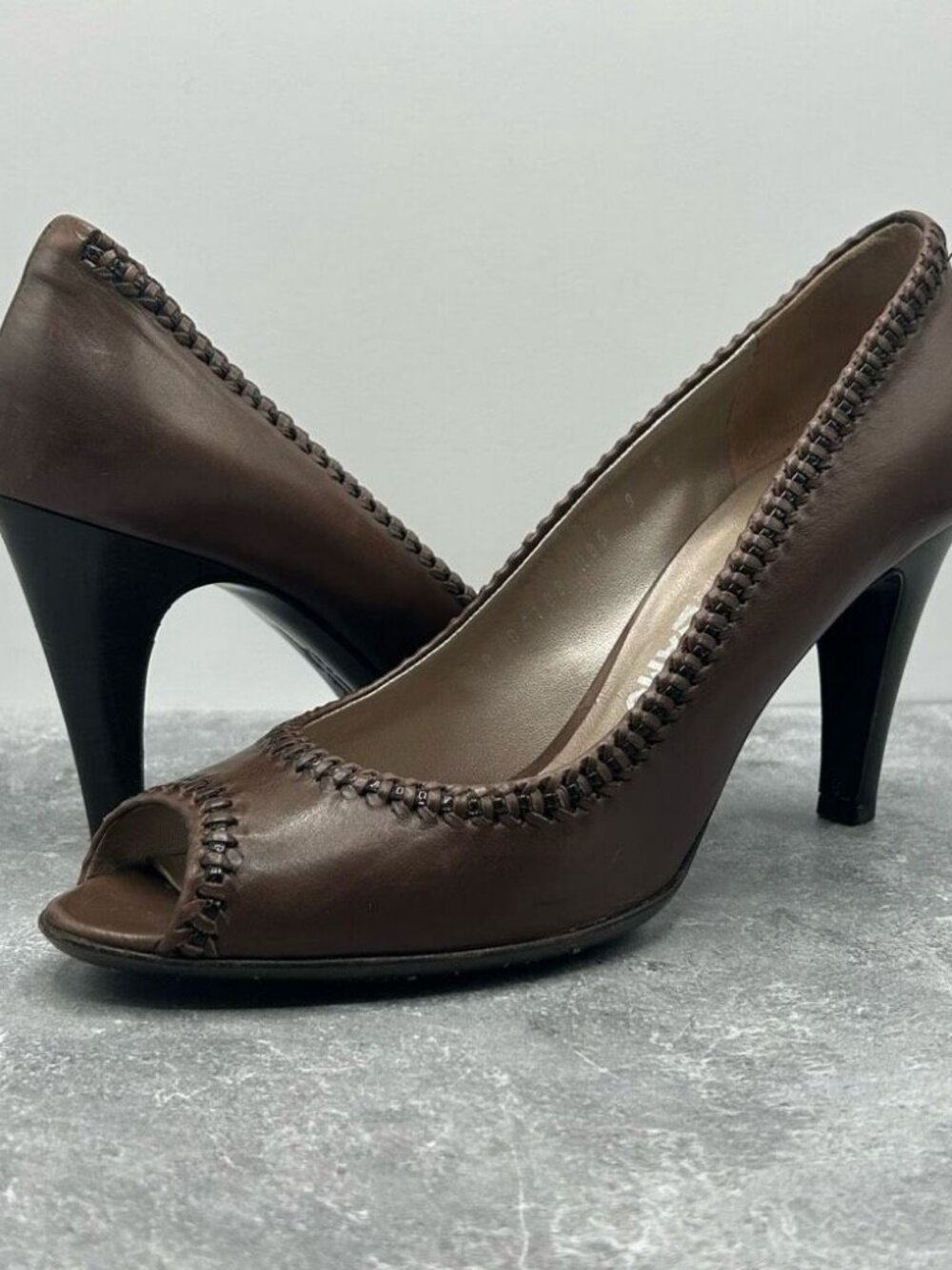 Salvatore Ferragamo Womens Brown Leather Pump Heels Size 9B Peep Toe Stiletto